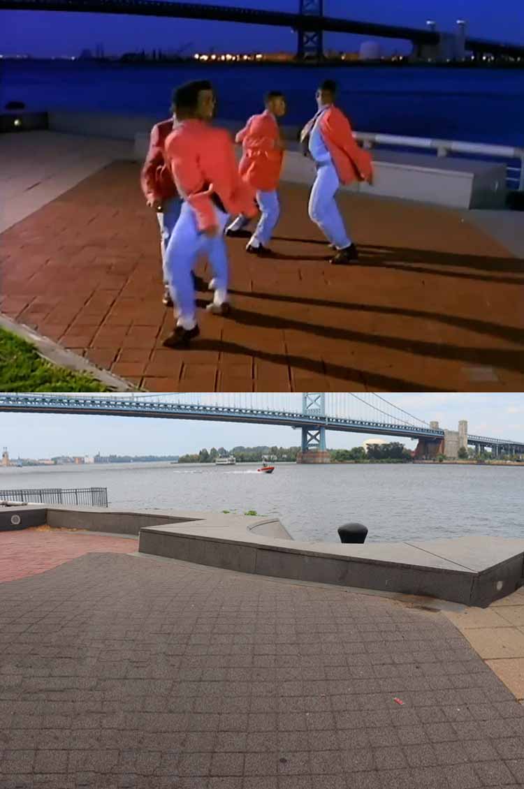A then and now filming location photo from the music video of the song Motownphilly by Boyz II Men.
