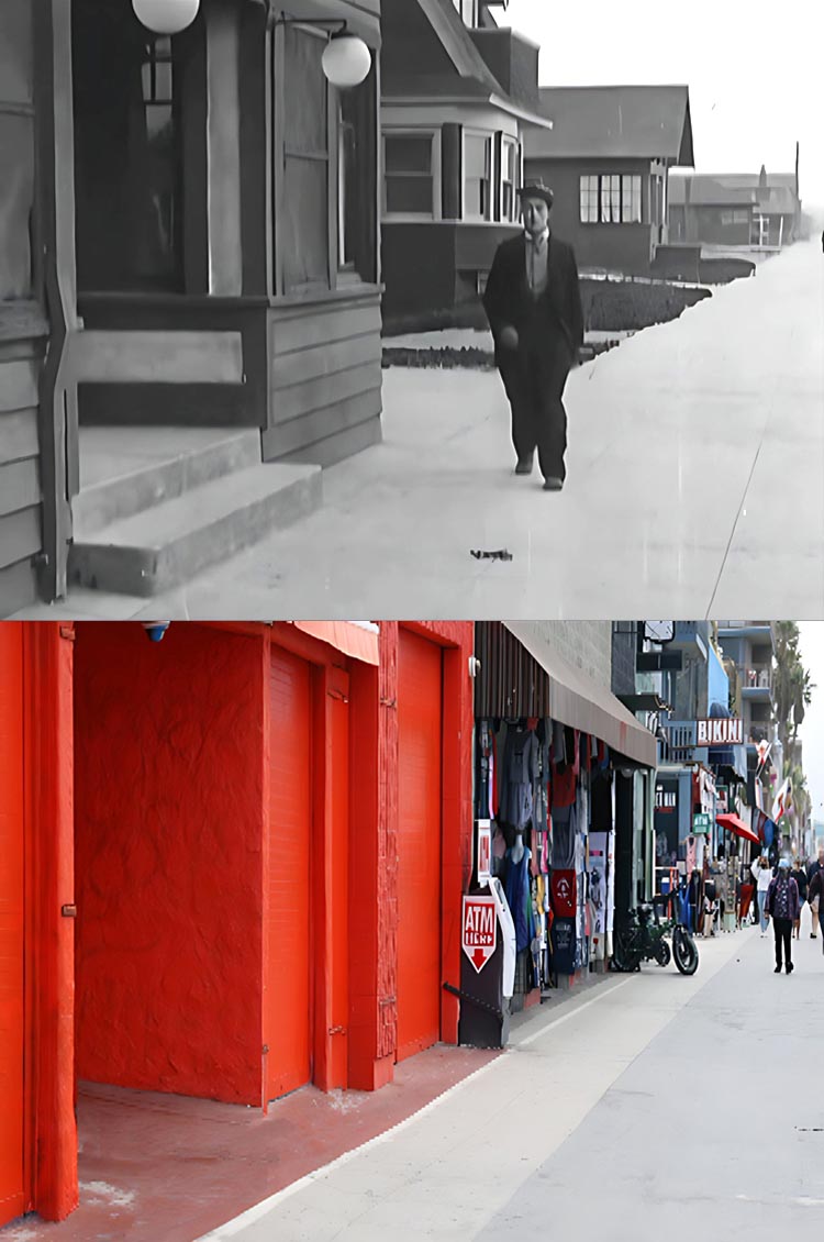 A then and now filming location photo from the Buster Keaton movie The High Sign.