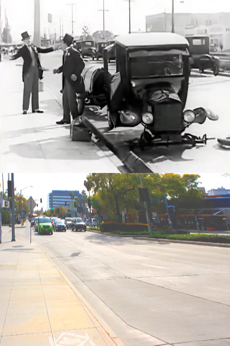 A then and now filming location photo from Charley Chase movie His Wooden Wedding.