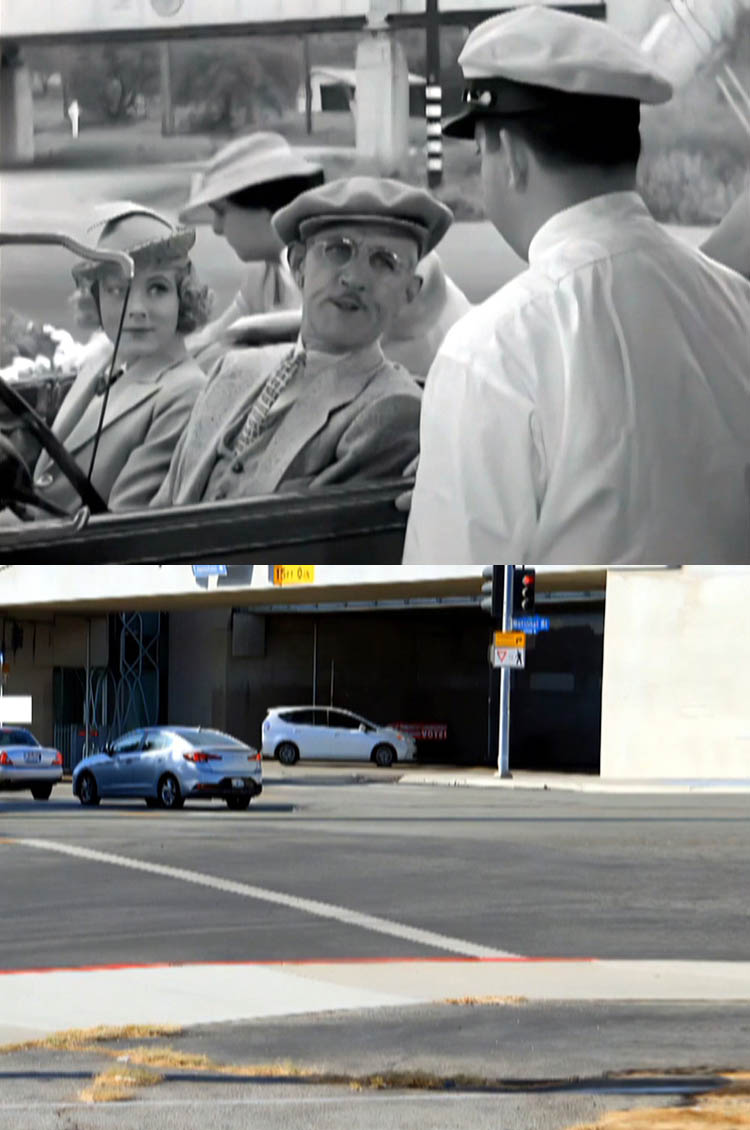 A then and now filming location photo from the Charley Chase movie On The Wrong Trek.