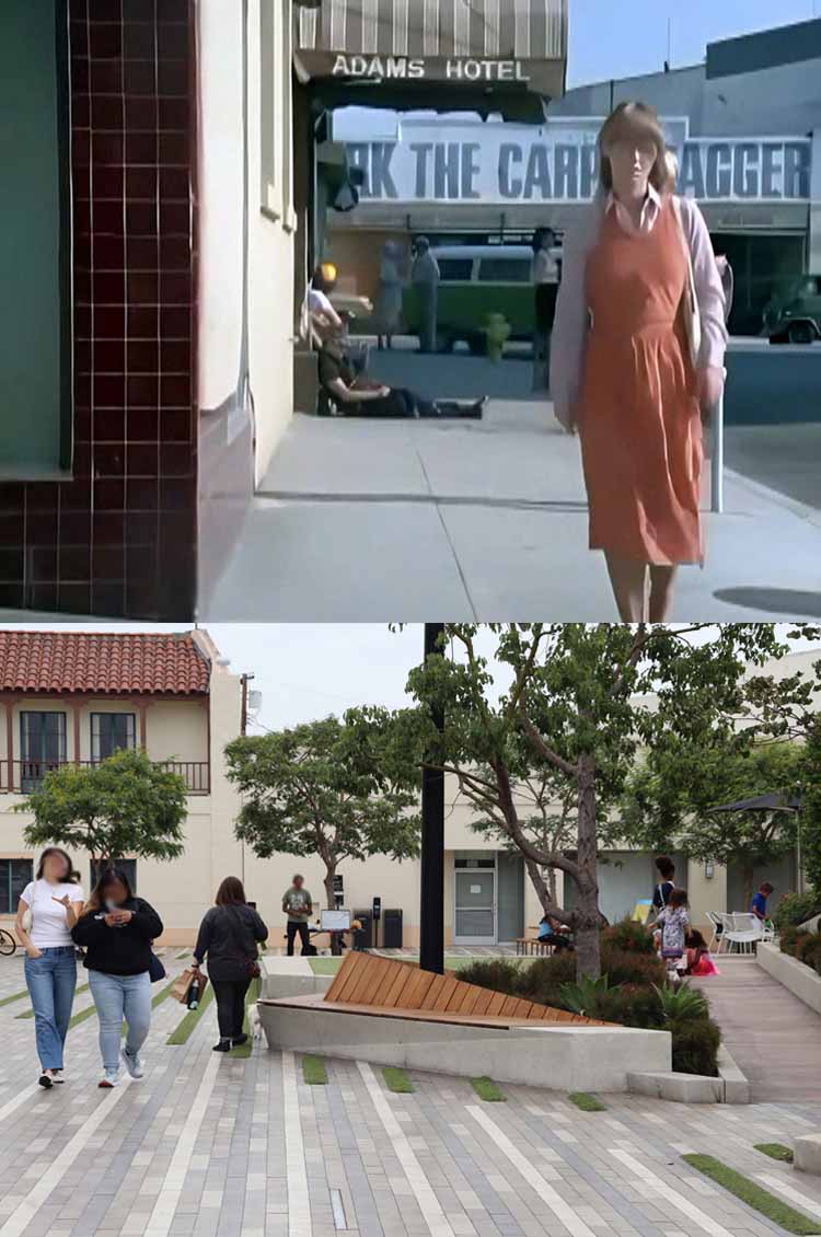 A then and now filming location photo from the episode Angels On The Street from the TV series Charlie's Angels.