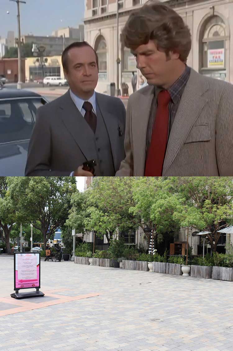 A then and now filming location photo from the episode Angels On The Street from the TV series Charlie's Angels.