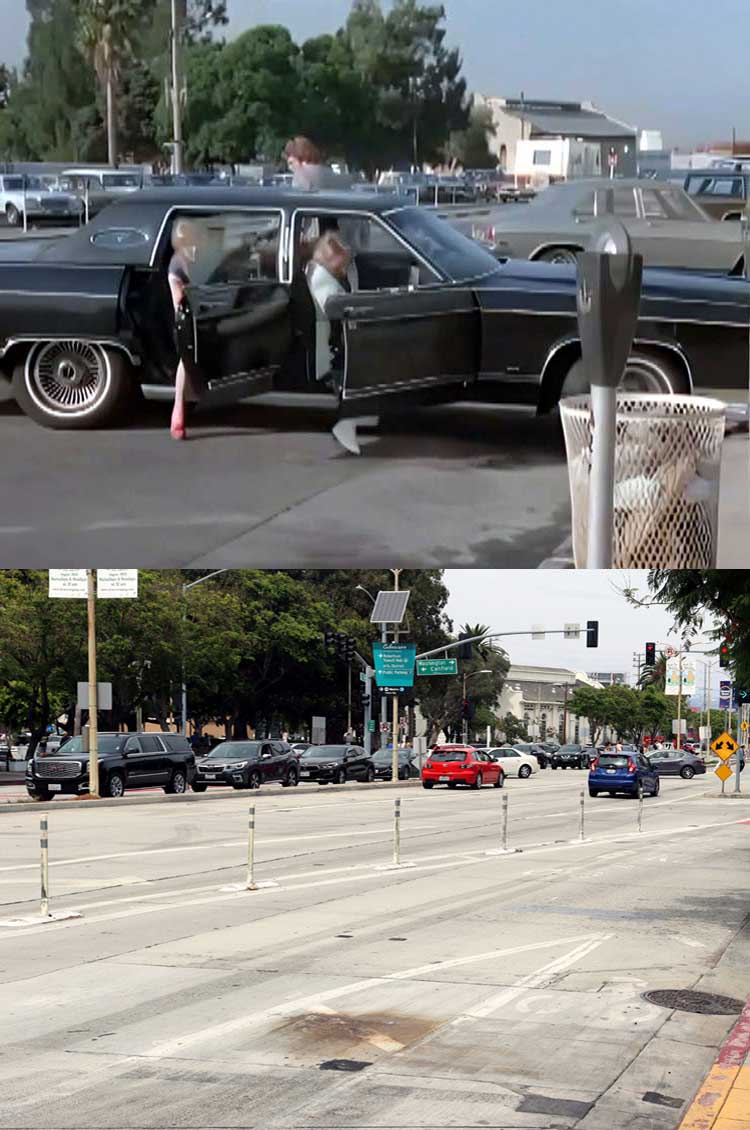 A then and now filming location photo from the episode Angels On The Street from the TV series Charlie's Angels.