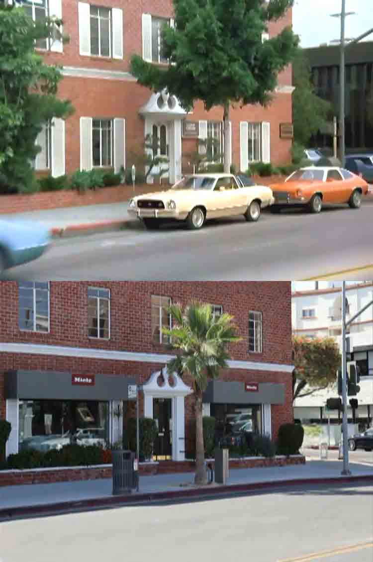 A then and now photo of the building used as the headquarters in the TV series Charlie's Angels.