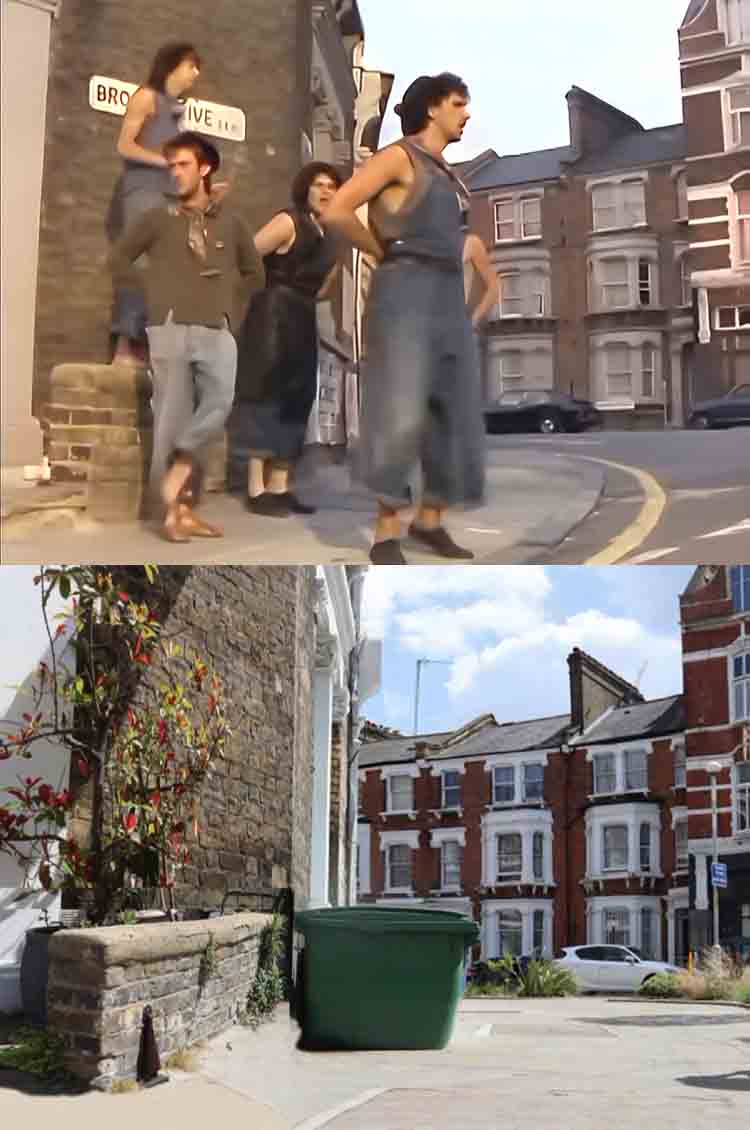 A then and now photo of an on location scene from the music video of the song Come On Eileen by Dexys Midnight Runners.