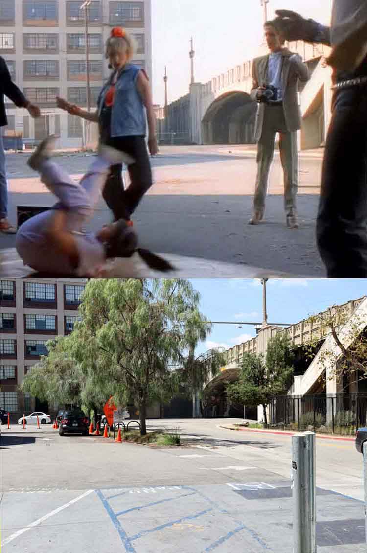 A then and now photo of an on location scene from the music video for the song Borderline by Madonna.