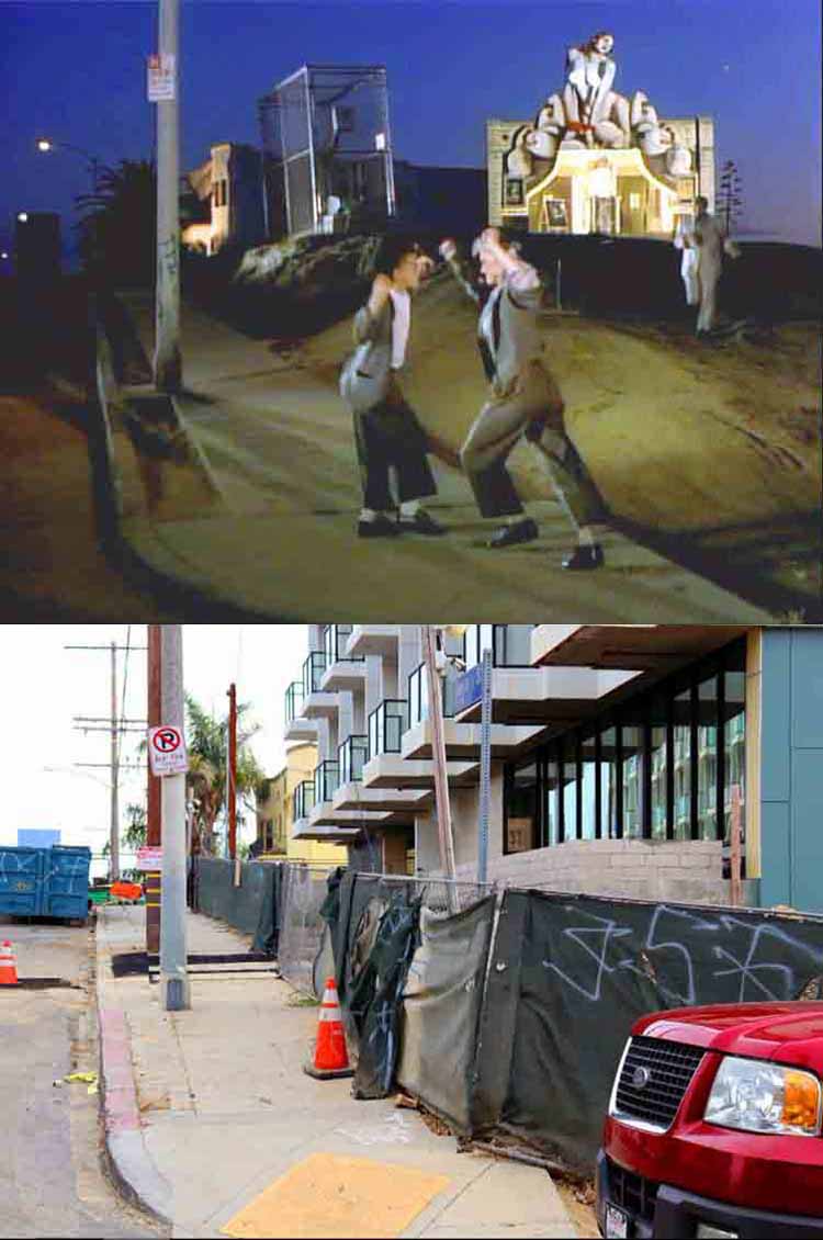 A then and now filming location photo from the music video of the song Open Your Heart by Madonna.