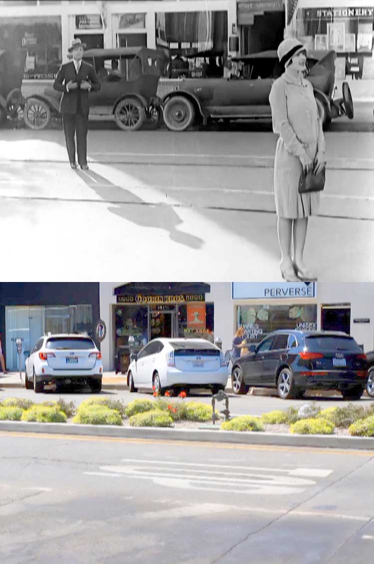 A filming location then and now photo of a scene from the movie Why Girls Say No starring Max Davidson.