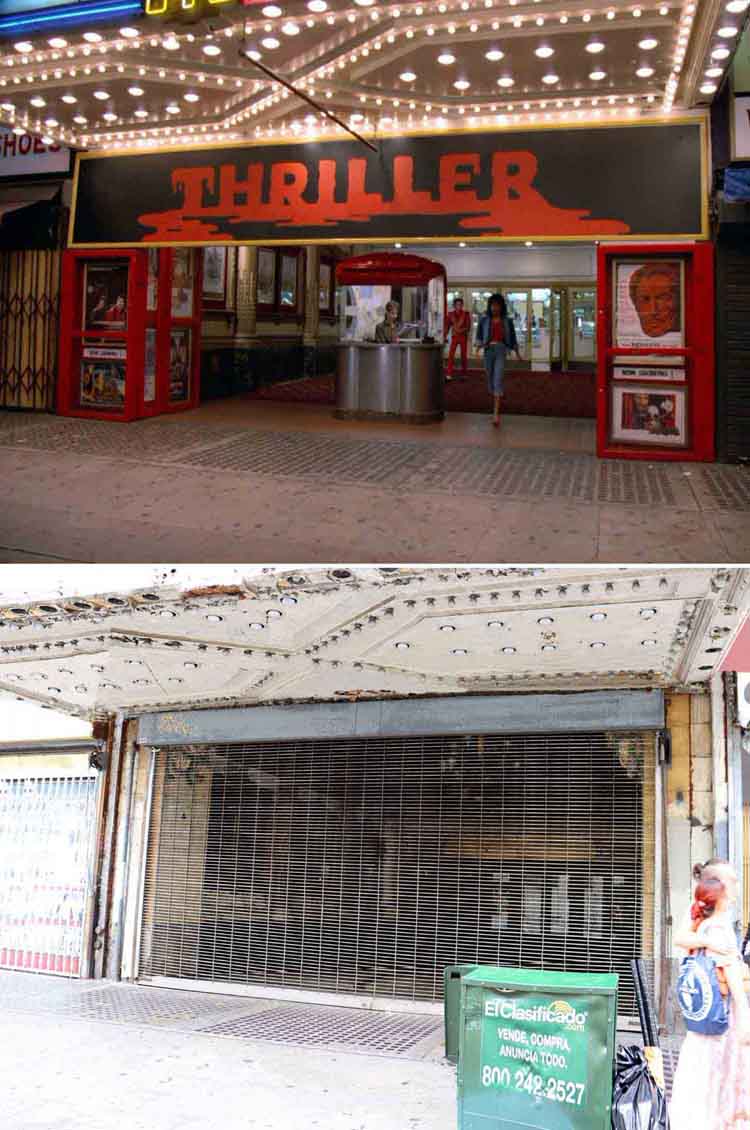 A then and now filming location photo from the Michael Jackson music video Thriller.