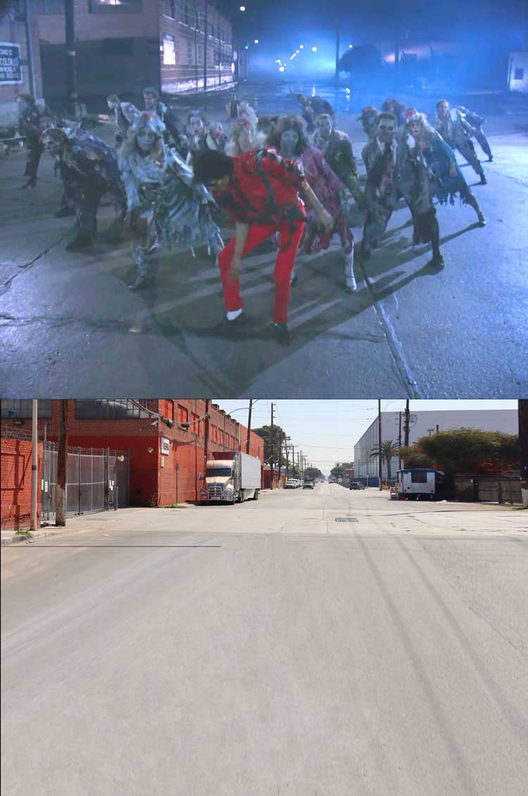 A then and now filming location photo from the Michael Jackson music video Thriller.