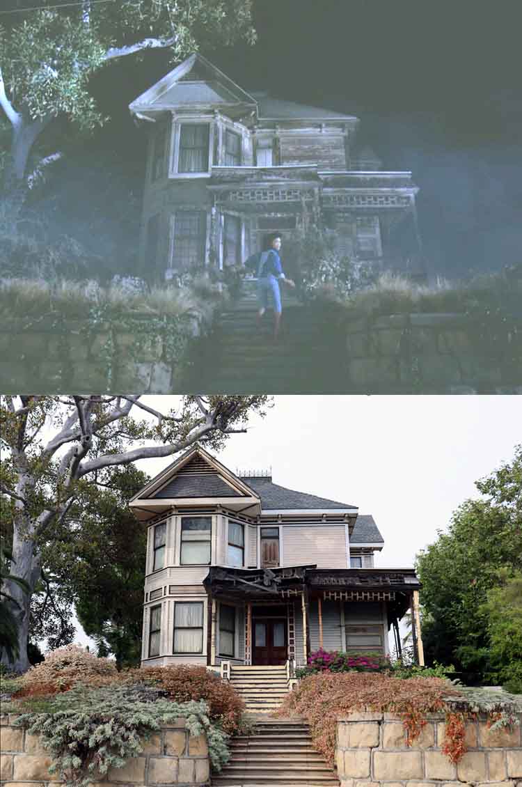 A then and now filming location photo from the Michael Jackson music video Thriller.