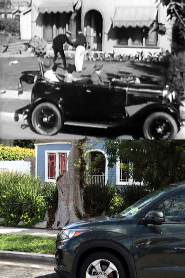 A then and now filming location photo from the Nat Carr movie Traffic Tangle.