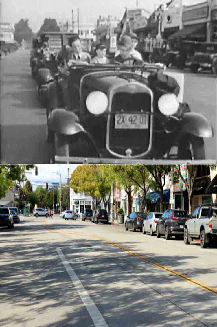 A then and now filming location photo from the Nat Carr movie Traffic Tangle.