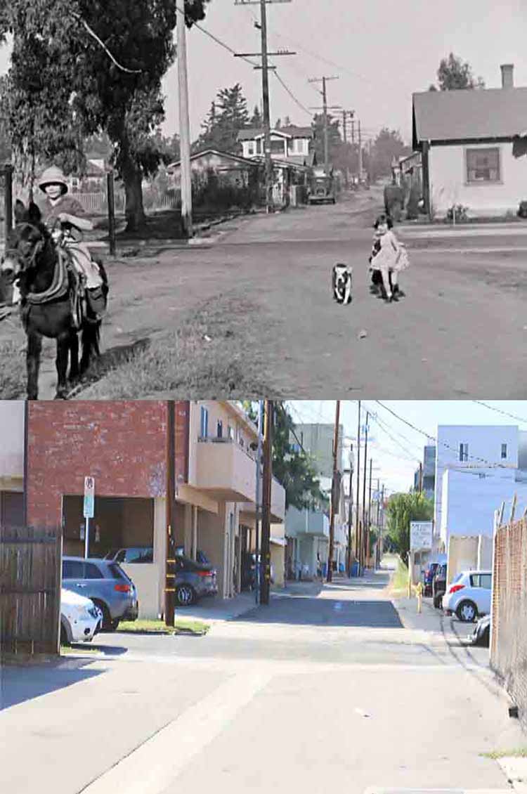 A then and now photo of an on location scene from the Our Gang / The Little Rascals movie Bear Shooters.
