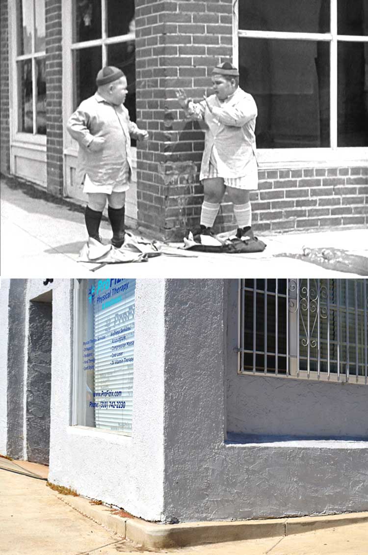 A then and now photo of an on location scene from the Our Gang / The Little Rascals movie Boxing Gloves.