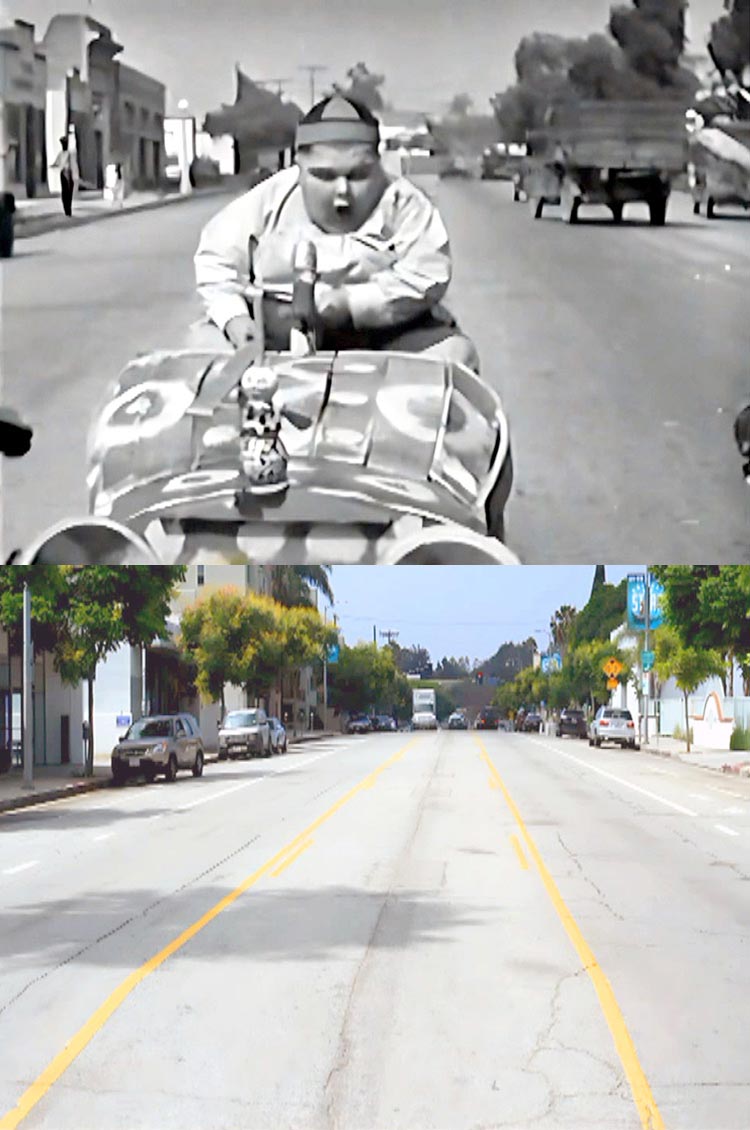 A filming location then and now photo from the Our Gang / The Little Rascals movie Cat, Dog and Company.