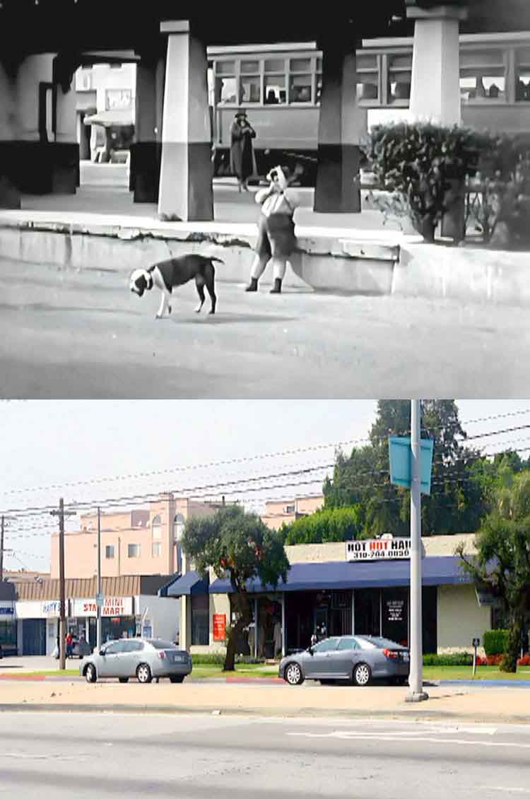A then and now filming location photo from the 1929 Our Gang / The Little Rascals movie Noisy Noises.