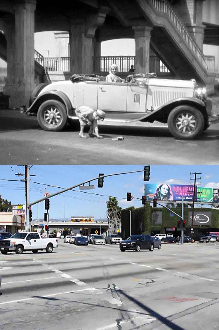 A then and now filming location photo from the Our Gang / The Little Rascals movie Teacher's Pet.