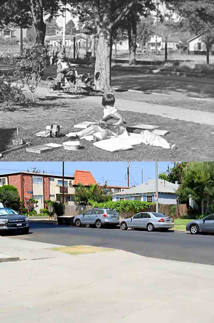 A then and now filming location photo from the Our Gang / The Little Rascals movie The First Seven Years.