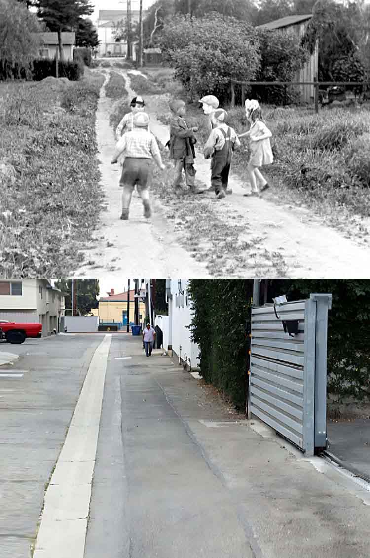 A then and now filming location photo from the Our Gang / The Little Rascals movie The Pooch.