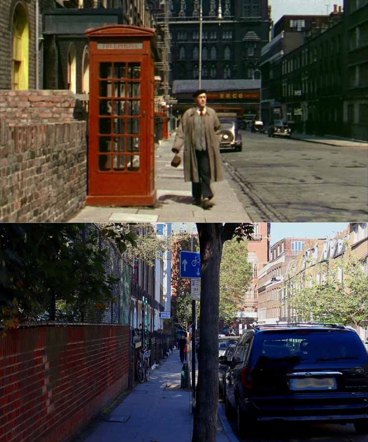 A then and now filming location photo from the 1955 movie The Ladykillers.