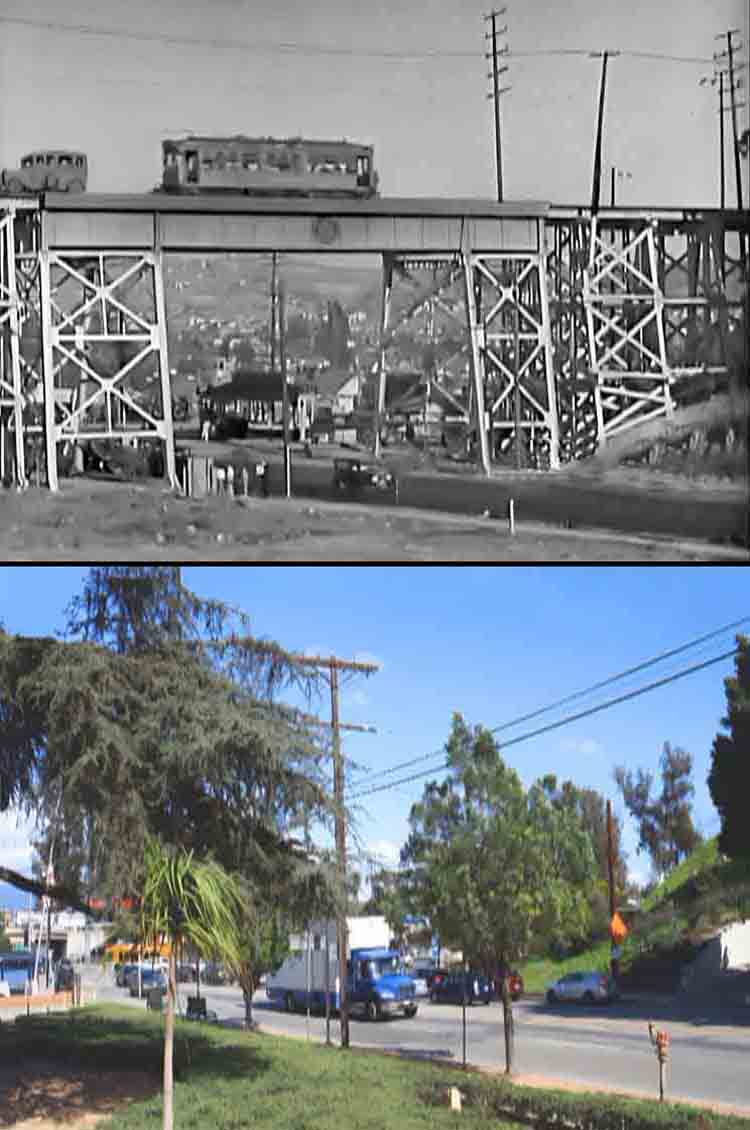 A then and now filming location photo from the movie Sneak Easily starring Thelma Todd and Zasu Pitts.