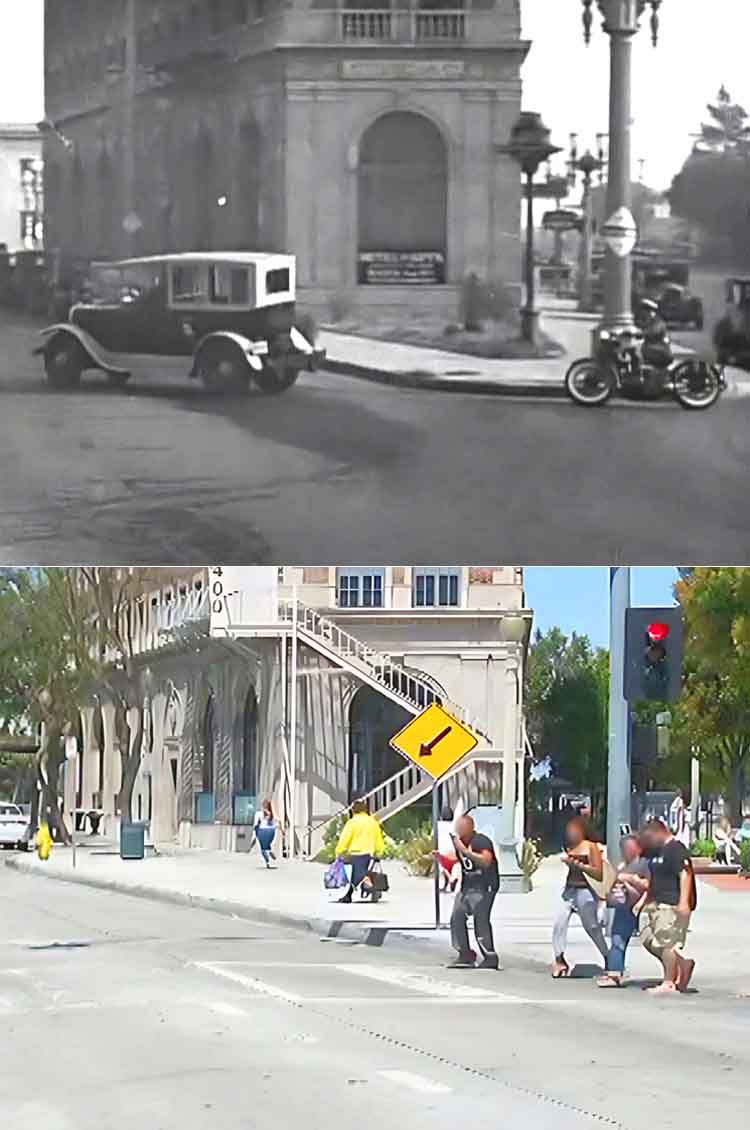 A then and now filming location photo from The Taxi Boys movie Bring 'Em Back A Wife.