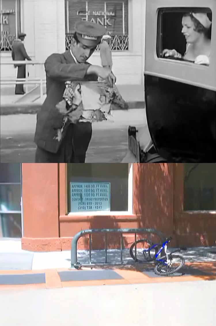 A photo of one of the filming locations, then and now, from a scene in the movie Hot Spot from The Taxi Boys series.