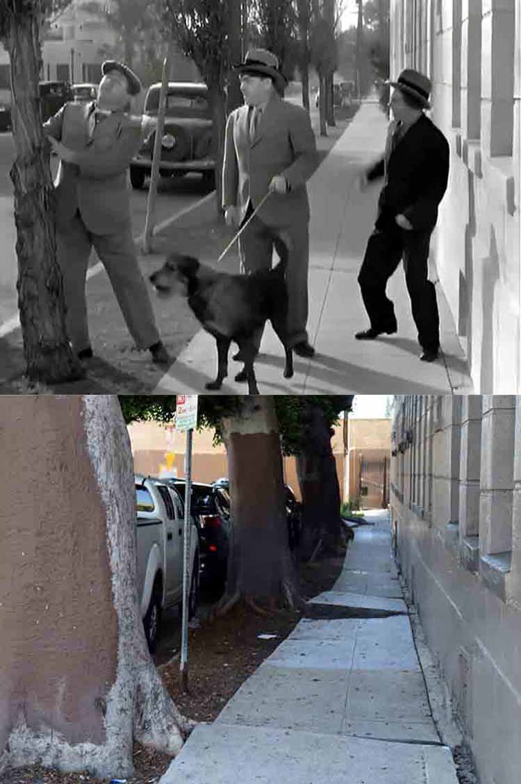 A filming location then and now photo from The Three Stooges movie Calling All Curs.