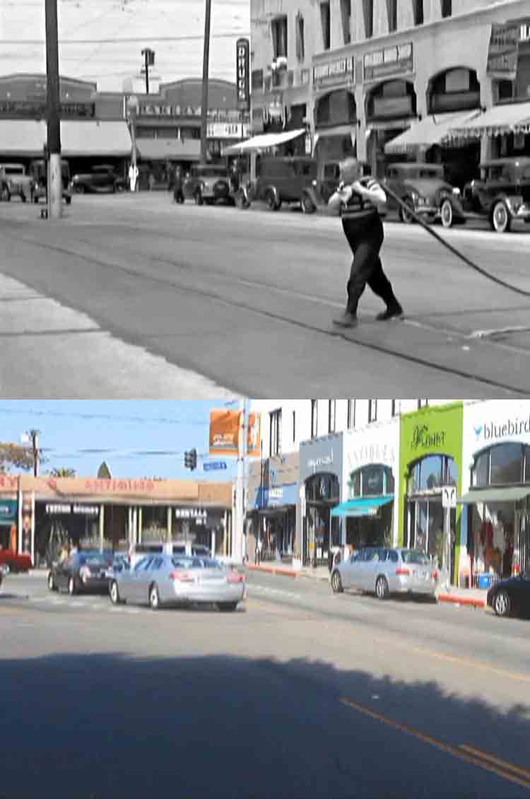 A then and now filming location photo from The Three Stooges movie False Alarms.