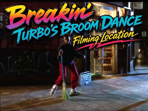 Title card from the movie Breakin' filming locations then and now.