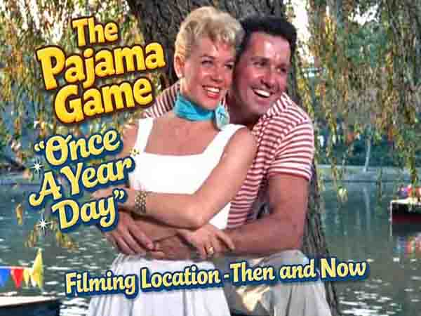 Historic filming location view of Hollenbeck Park in Los Angeles from the movie The Pajama Game